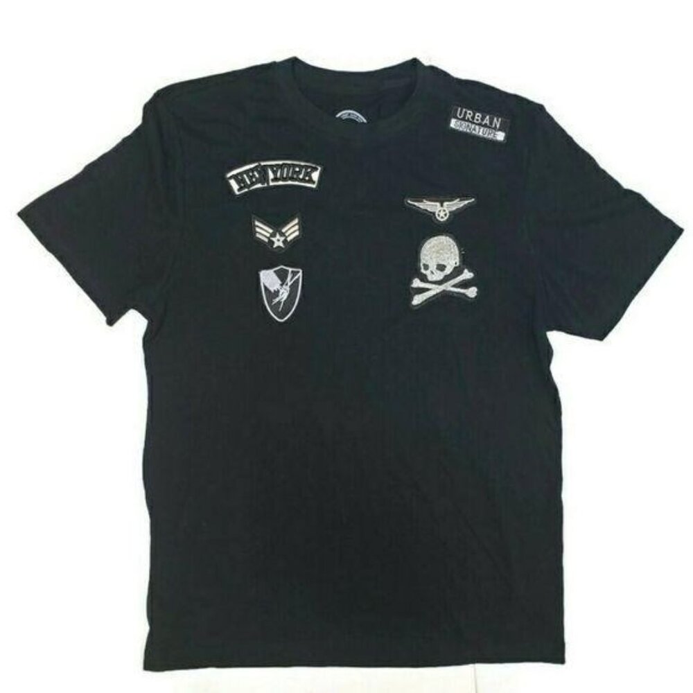 Urban Signature mens Military style patch Graphic Tee Black Cotton size large